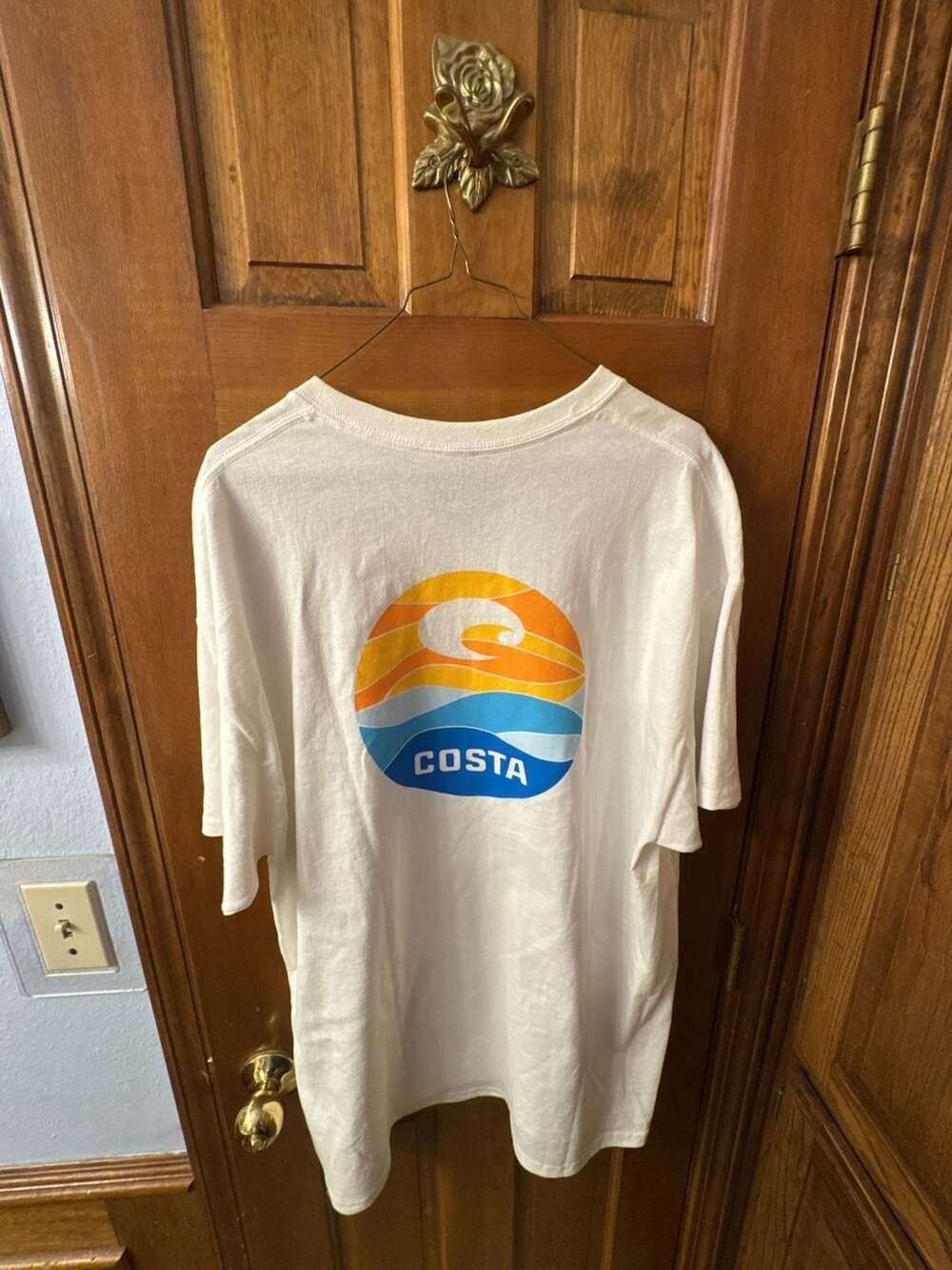 Costa Del Mar White Short Sleeve T-Shirt with Fiesta Sunset Back Graphic XL